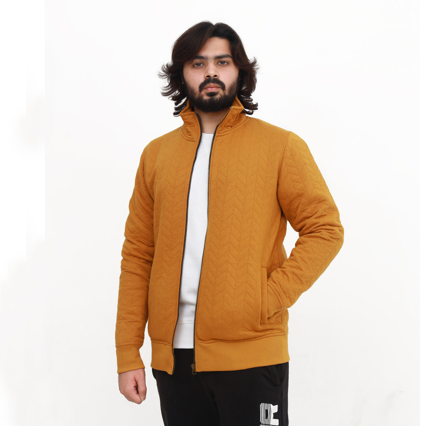 "Chevron-Stitched Mustard Yellow Zipper – Casual & Chic"