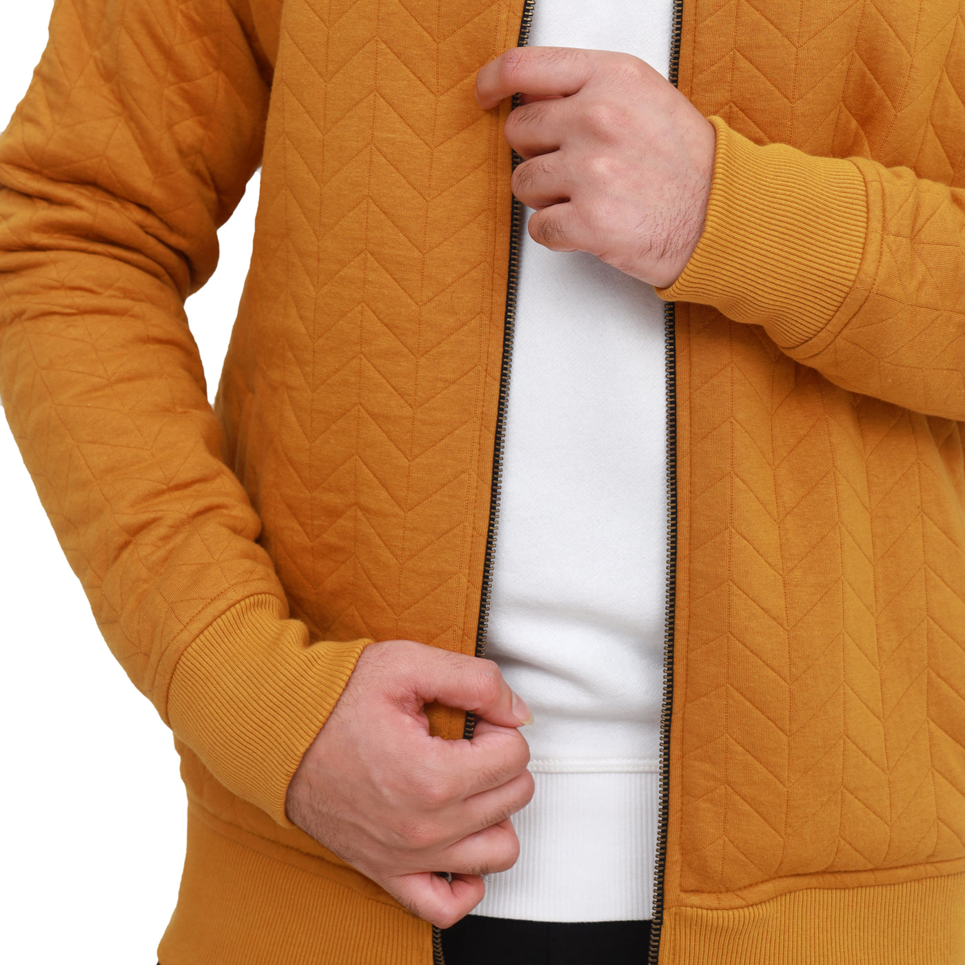 "Chevron-Stitched Mustard Yellow Zipper – Casual & Chic"