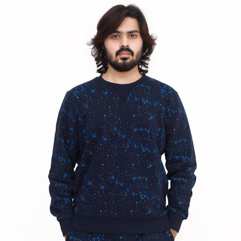 Galaxy Print Sweatshirt Tracksuit Set - Navy Blue