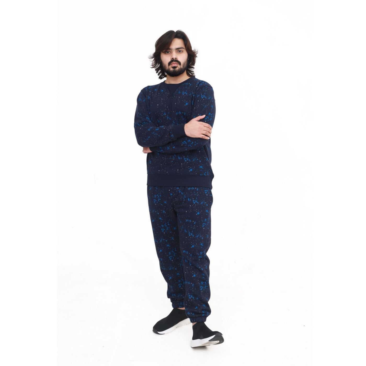 Galaxy Print Sweatshirt Tracksuit Set - Navy Blue